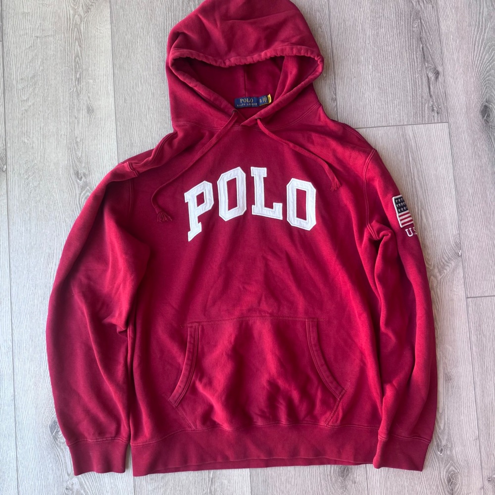 Polo Ralph Lauren Mens XL Red Fleece Hoodie USA Flag Patch Spellout Pullover